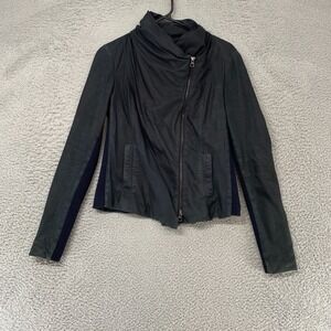 Vince Leather Jacket Womens Medium Black Moto Asymmetrical Zip Draped Cowl